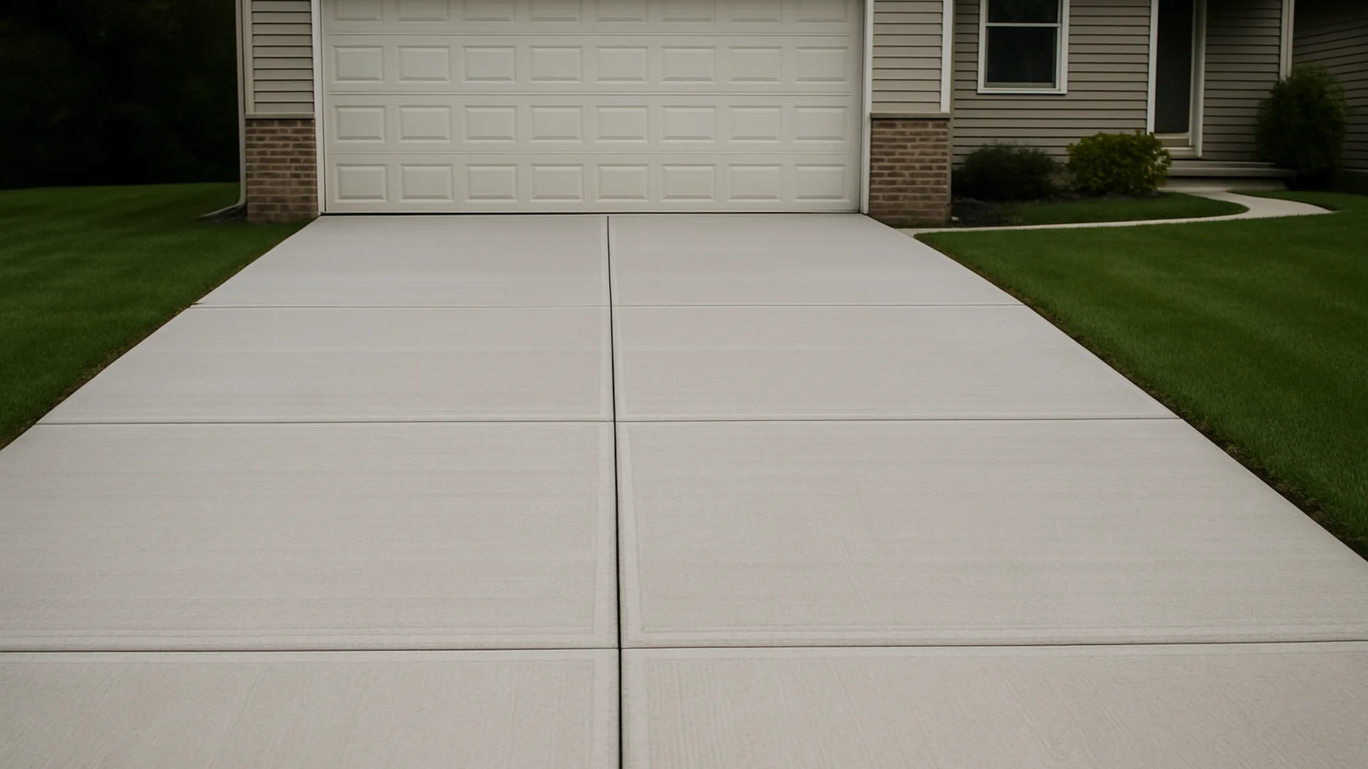 Broom-finish concrete driveway with saw-cut control joints leading to a two-car garage