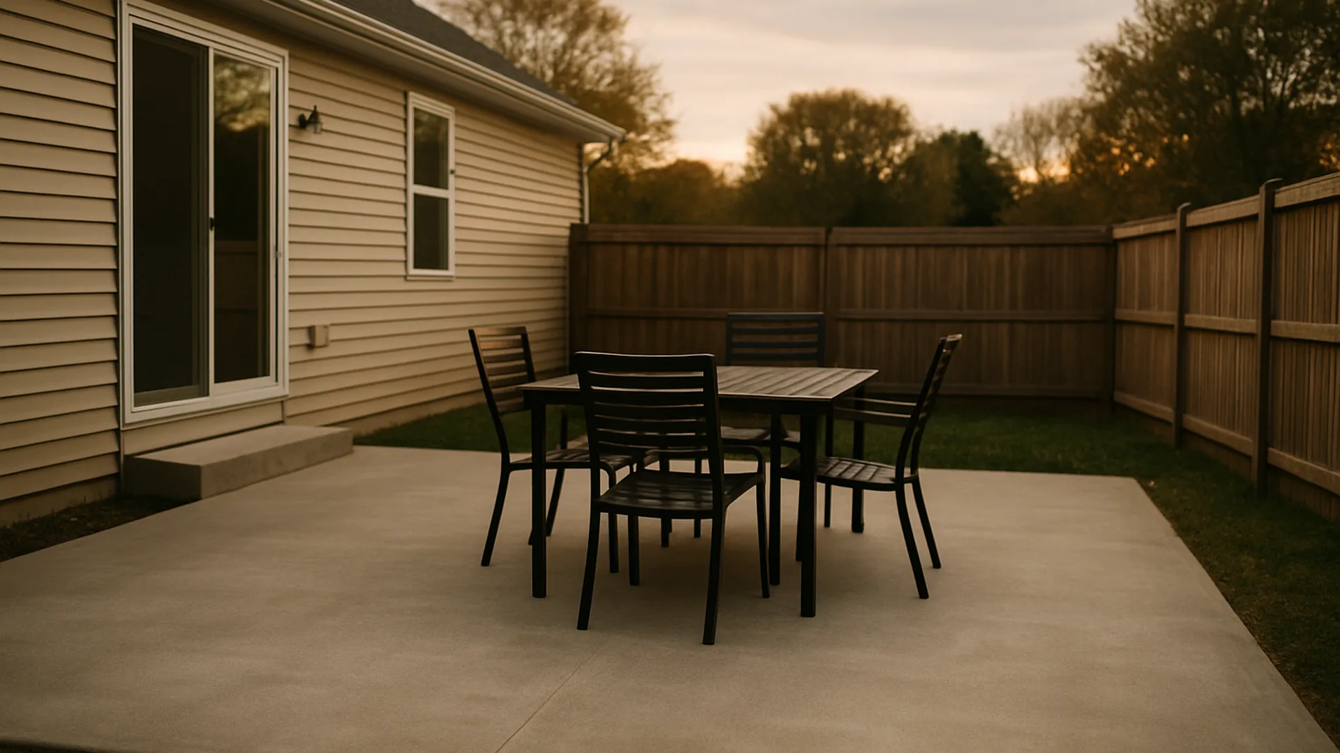 Backyard concrete patio with outdoor dining set beside a wood privacy fence