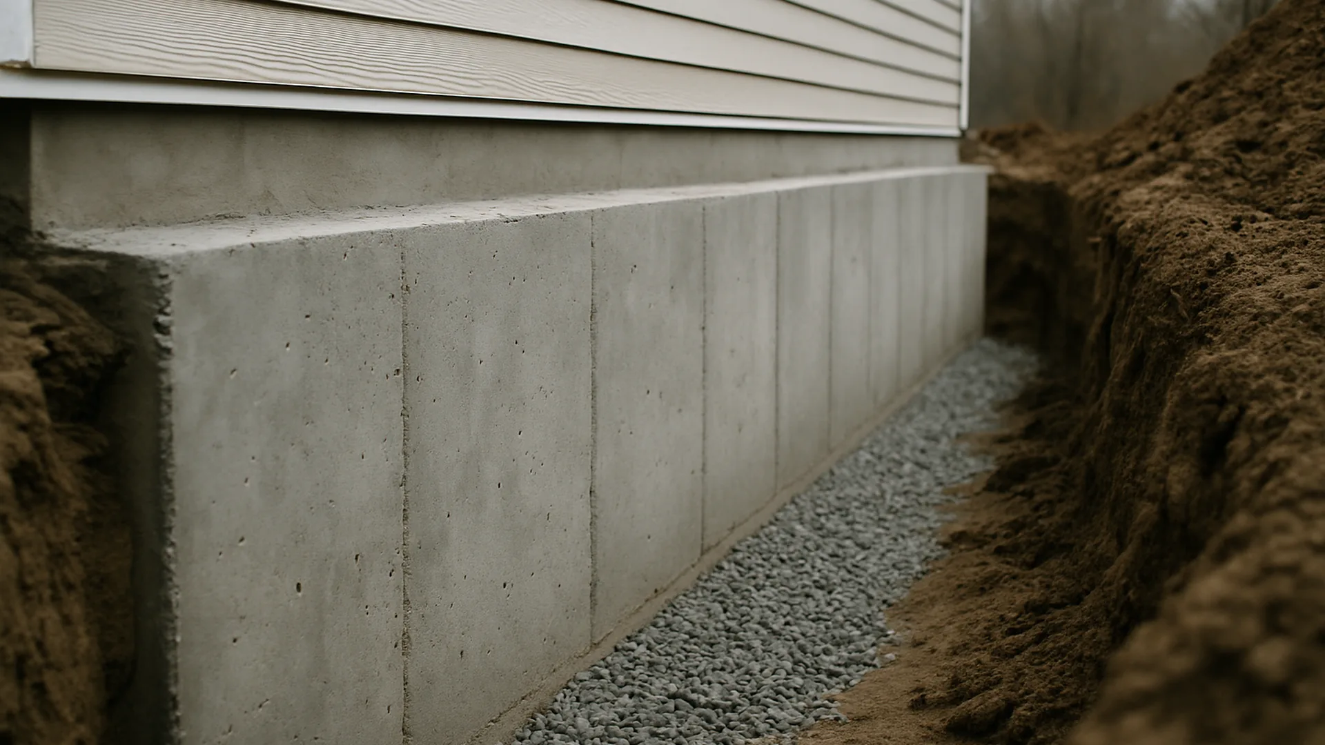 Poured concrete foundation wall exposed for repair with gravel drainage along the base