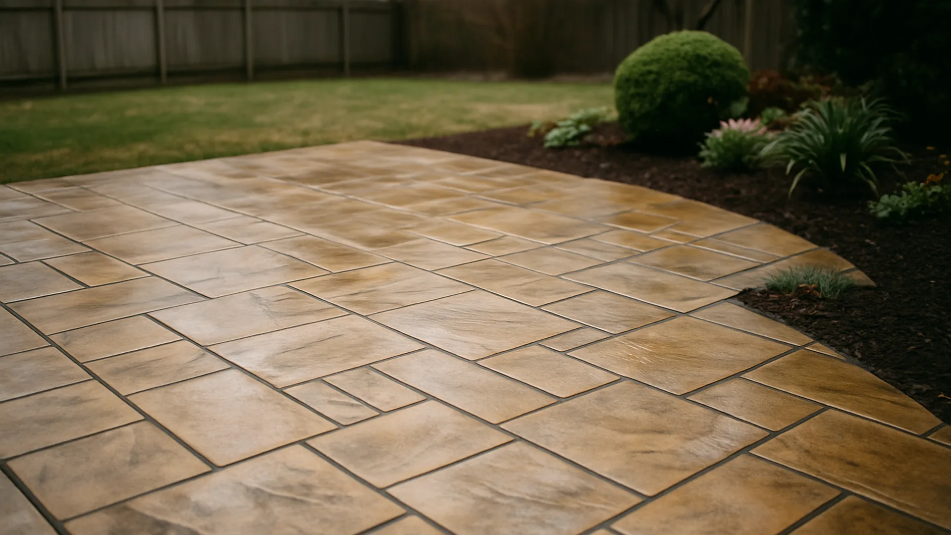 Stamped concrete patio in an ashlar stone pattern with warm tan color