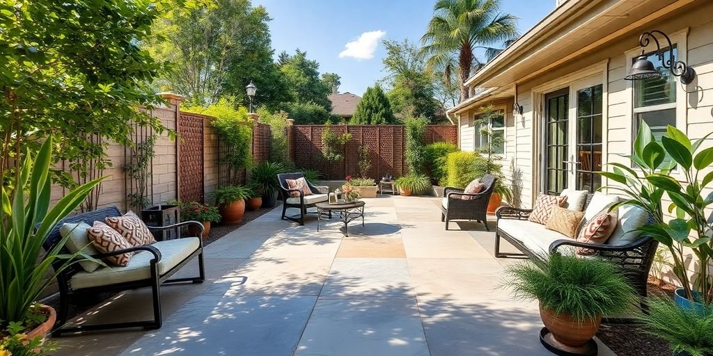 A stunning concrete patio with outdoor furniture and greenery.