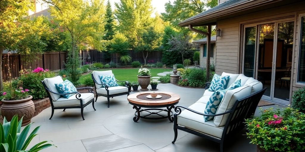 Stunning concrete patio surrounded by greenery and furniture.