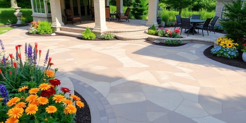 Stunning stamped concrete patio with lush greenery in Lawrence.