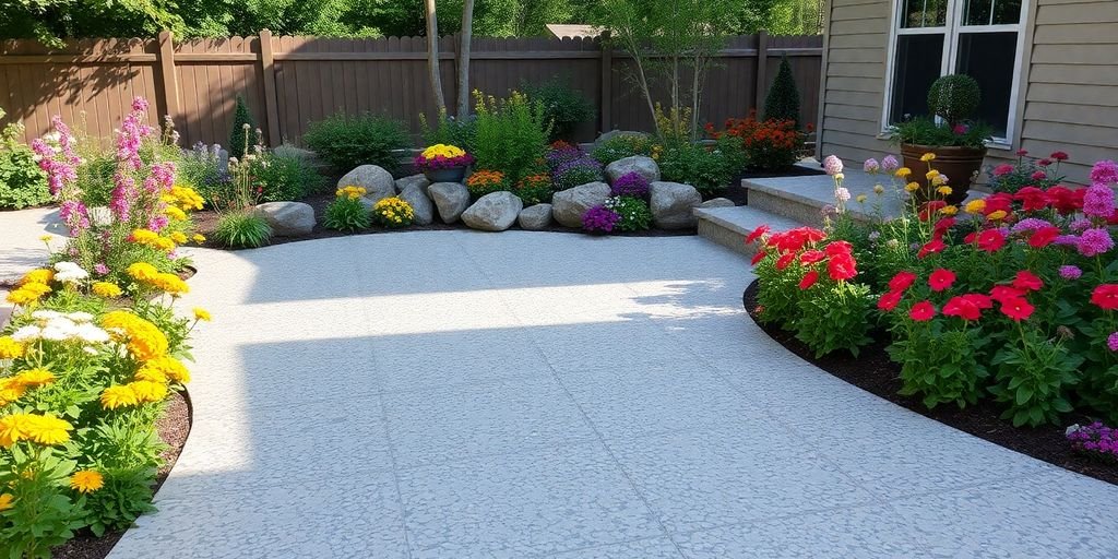 Exposed aggregate concrete patio surrounded by flowers and greenery.