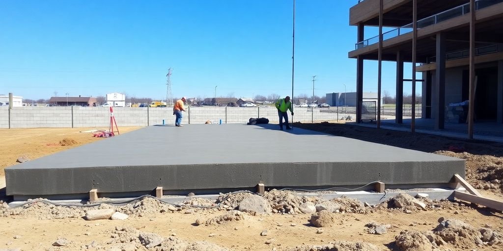 Concrete slab installation at a construction site in Kansas.