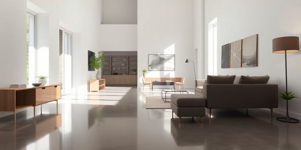 Modern interior with polished concrete flooring and decor.