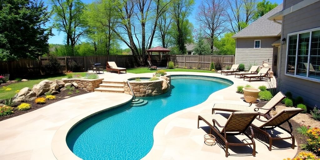 Concrete pool deck with lounge chairs and vibrant landscaping.