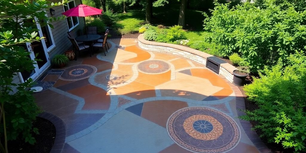 Custom concrete patio design with colorful patterns and greenery.