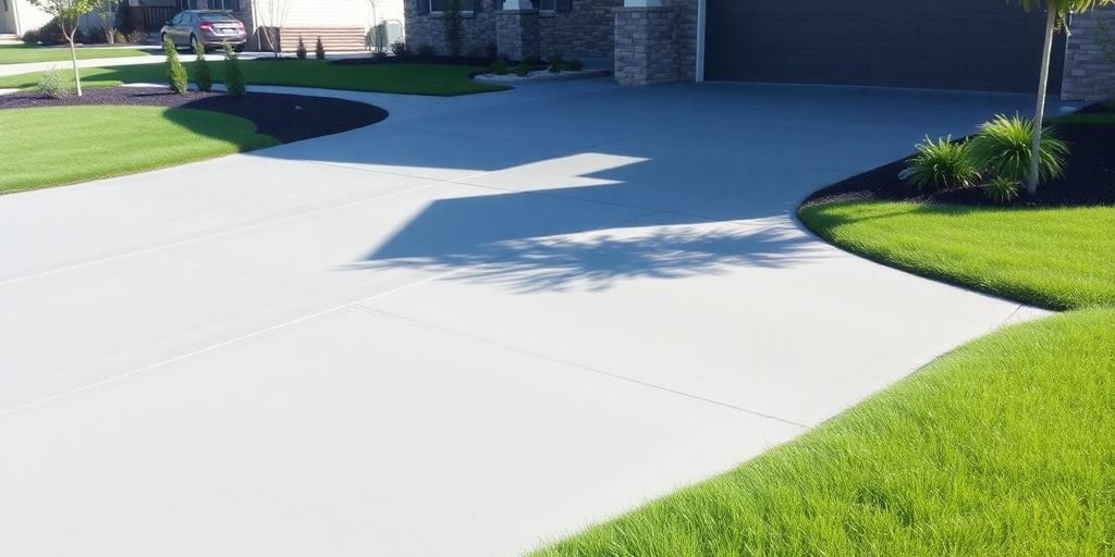 Beautiful concrete driveway with lush landscaping in Lawrence, KS.