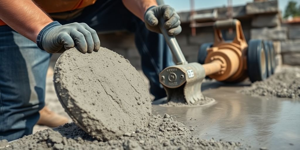 Worker pouring concrete at a construction site in Lawrence.