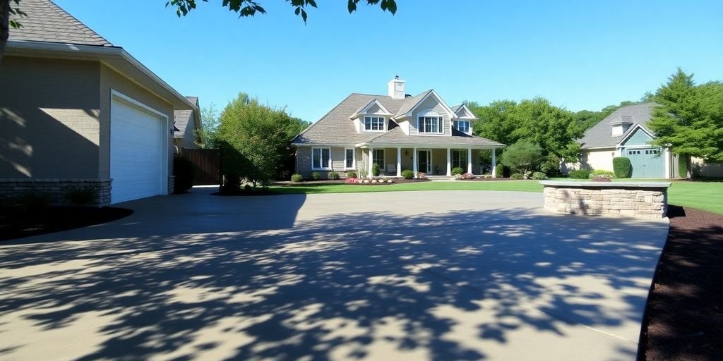 Concrete driveway and patio in a suburban neighborhood.