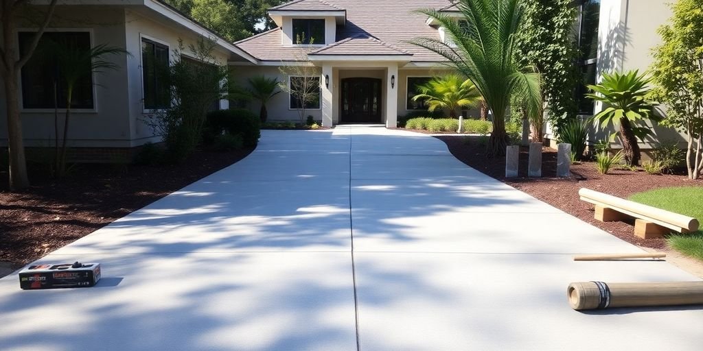 Concrete driveway with tools near a modern home.