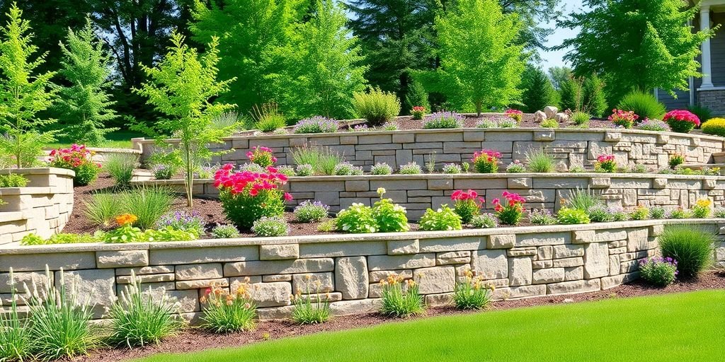 Colorful landscape with innovative retaining walls in Lawrence.