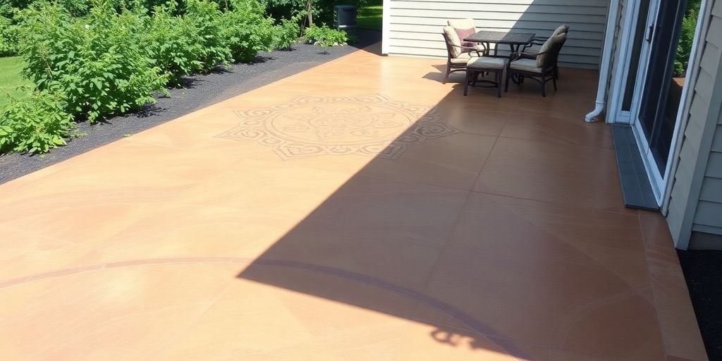 stamped concrete patio surrounded by lush greenery