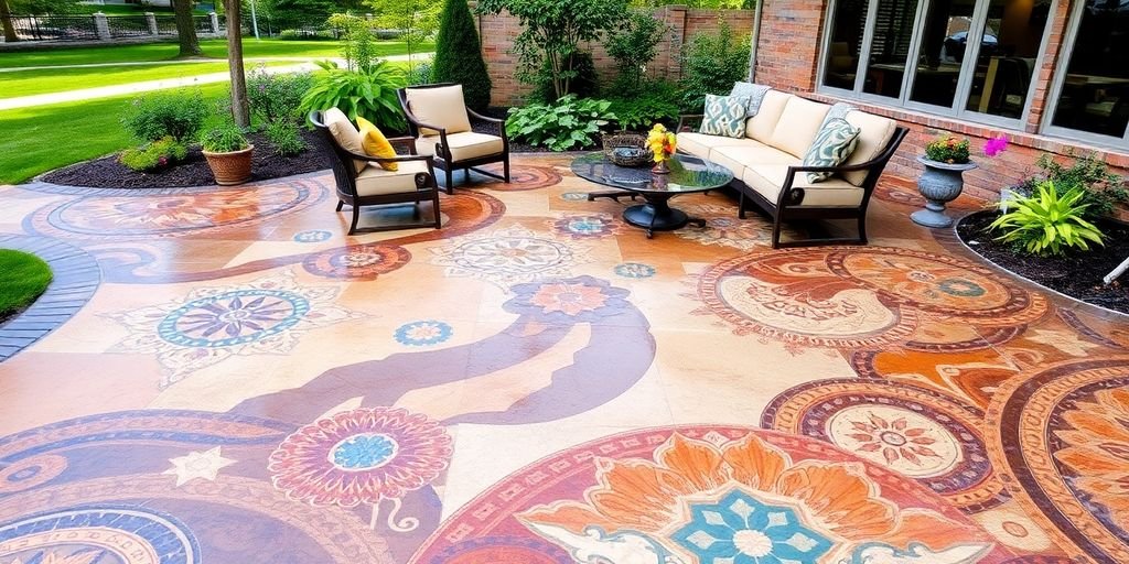 Decorative concrete patio with patterns and outdoor furniture.