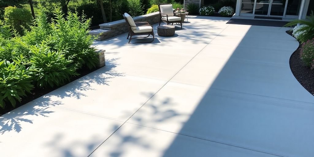 Concrete patio with greenery in Lawrence, KS.