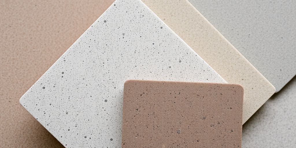 Different textures and colors of commercial concrete samples.