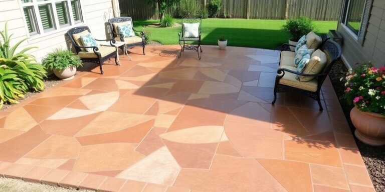 Beautiful stamped concrete patio with vibrant patterns and greenery.