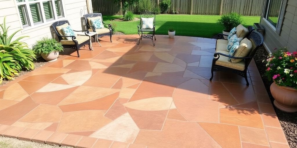 Beautiful stamped concrete patio with vibrant patterns and greenery.