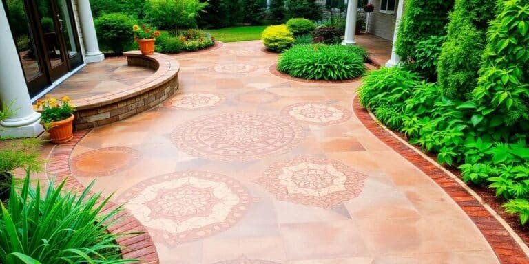 Decorative concrete patio with patterns and vibrant colors.