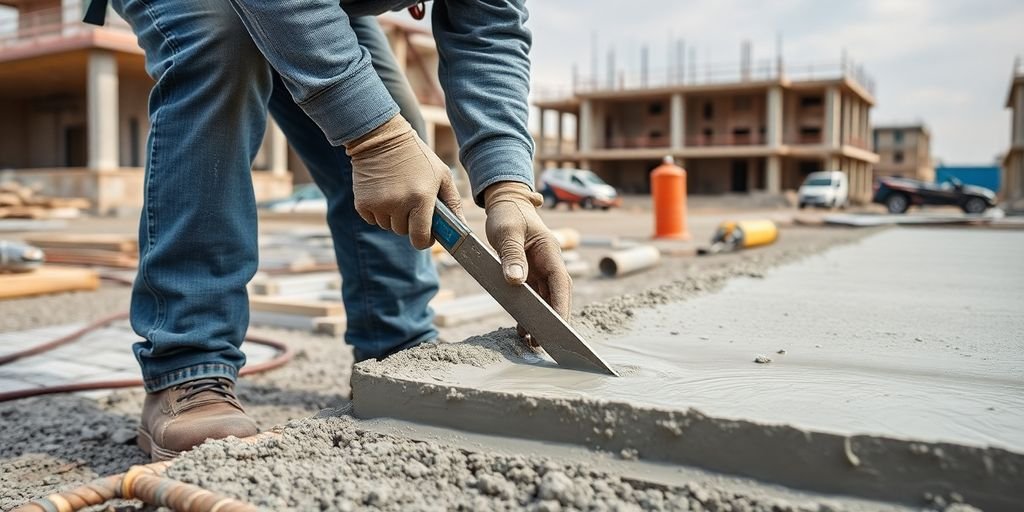 Concrete contractor pouring fresh concrete on a construction site.