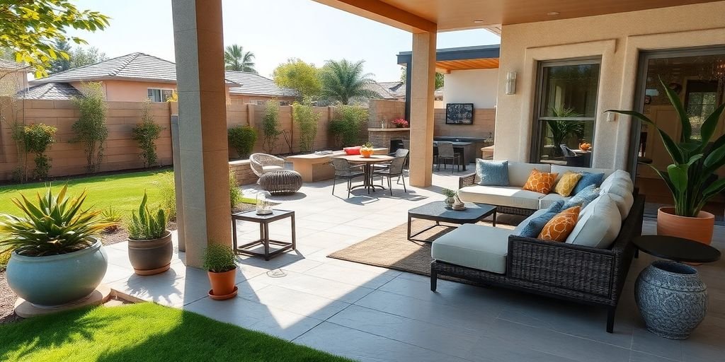 Modern concrete patio with furniture and greenery in sunlight.