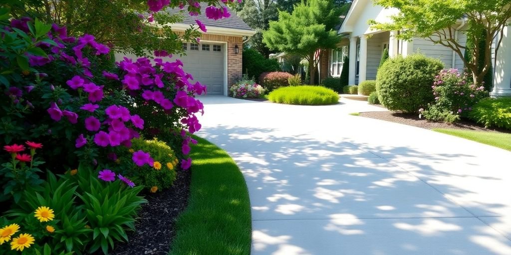 Clean concrete driveway with green plants and flowers.