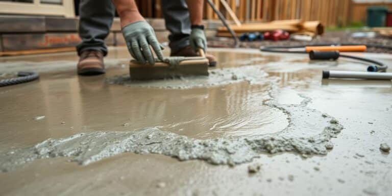 Worker smoothing freshly poured concrete in Lawrence, KS.